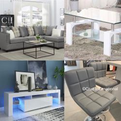 New Gray Sectional, 2 Bar Stools, White Coffee Table And White Tv Stand 
