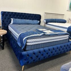 Royal Blue Velvet Queen Size Bed Frame