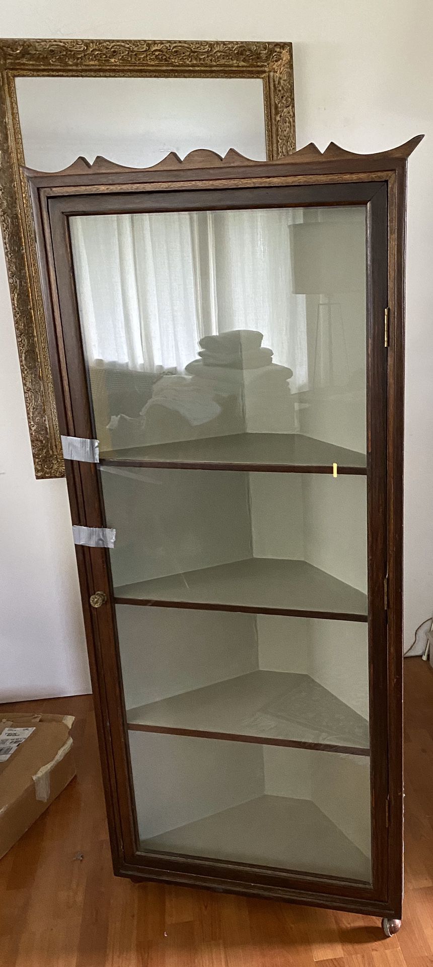 Very nice Antique Corner Display Cabinet Shelf with Glass door on Wheels Kitchen Dining Office Display collections