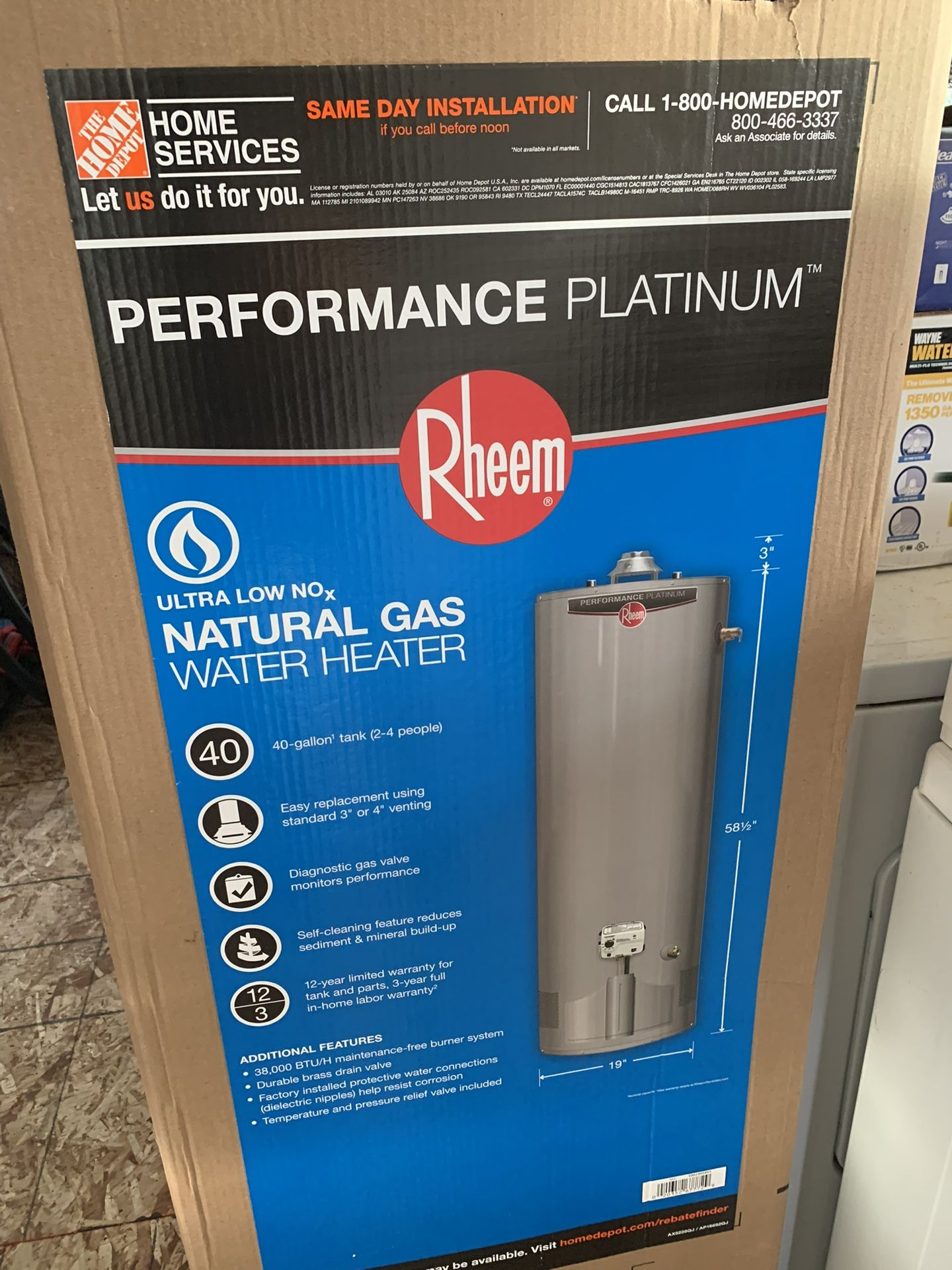 Brand New Rheem Performance Platinum 40 Gallon 12 Year Gas Water