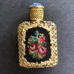 Antique Filigree Encased Perfume Bottle With Needlepoint Front