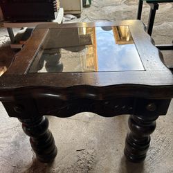 Vintage Solid Wood Glass Top Table 