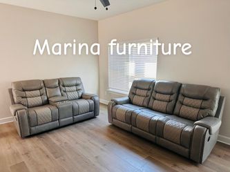 Gray Leather Reclining Sofa and Loveseat Set