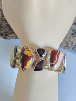 Georgeous Unique Vintage Sterling Silver Red Rainbow Jasper, Garnet, and Citrine Statement Bracelet 