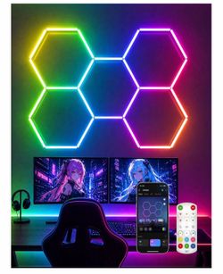 RGB Hexagon Lights with DIY Lighting Effects, 5 Hex RGB Hexagon Lights with APP & Remote Control, Music Sync and Timer for Gaming Rooms, Garages, Gyms