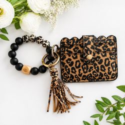 Leopard Print Card Holder Keychain with Tassel Bracelet-Brown/Black