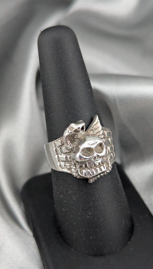 925 Men's Vintage Sterling Silver Ring Signet Skull Snake Cobra Rocker Biker