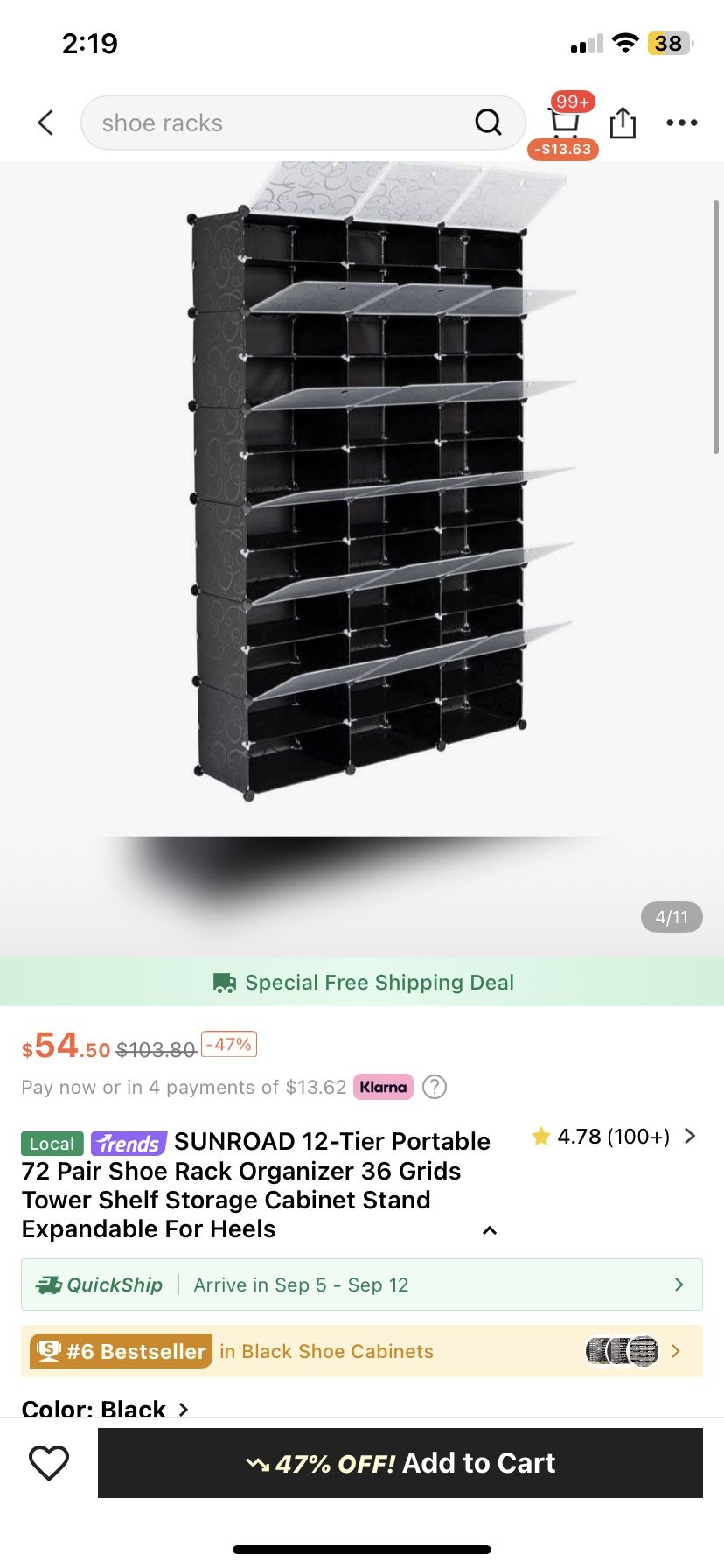SUNROAD 12-Tier Portable 72 Pair Shoe Rack Organizer 36 Grids Tower Shelf Storage Cabinet Stand Expandable For Heels