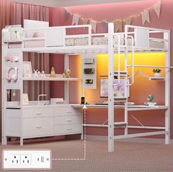 Loft Bed Full Size,Full Size Loft Bed with Desk and 5 Drawers Full Loft Bed with Charging Station,LED Lights