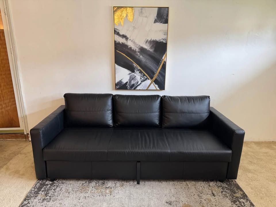 Black Leather 3-Seater Sofa with Pull-Out Bed and Storage