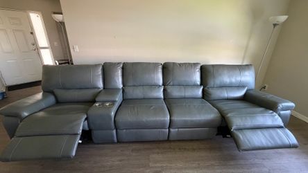 Large Blues ish Gray Leather Power Reclining Sofa – 4 Seats