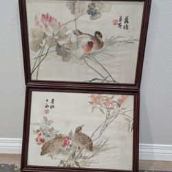Pair of Antique Chinese Embroidered on Silk Art Pictures Garden Birds & Mandarin Ducks 20.5"x 15"