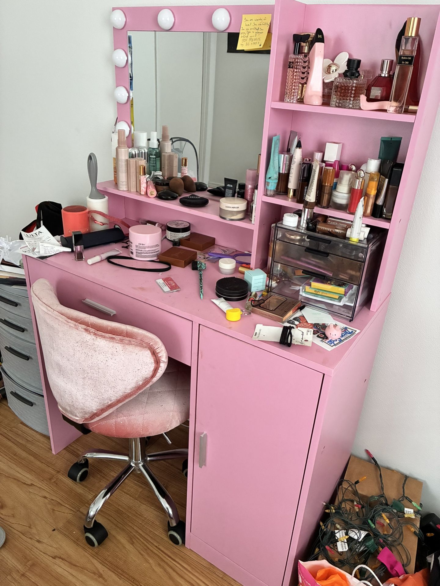 Pink Vanity w/ Lights + Chair