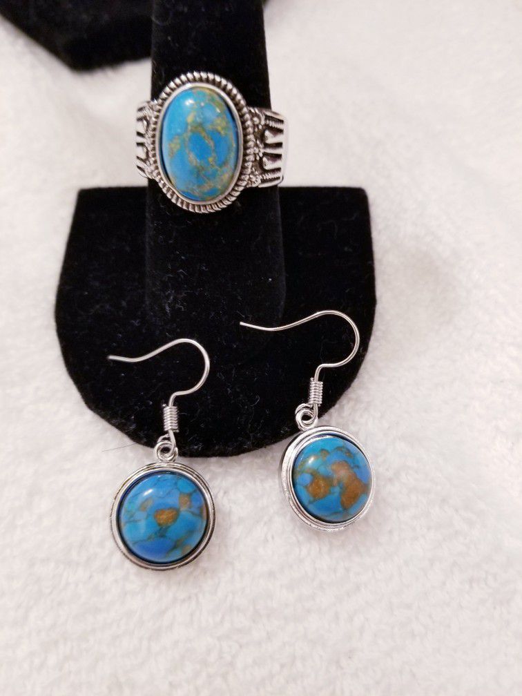 Copper Turquoise Ring Size 8 and 9 and 10 and Earrings 925 Sterling Silver