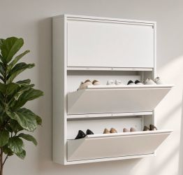 Shoe Storage Cabinet with 3 Flip Drawers, Hidden Wall Mounted Slim Shoe Rack Cabinet, Metal Narrow Shoe Cabinet for Entryway Hallway Small Spaces