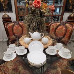 24K Gold Rim Porcelain Golf Ball Dish Set Coffee Mugs and Plates