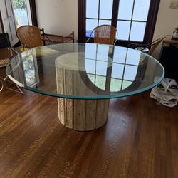 Vintage Italian Travertine Pedestal Dining Room Glass Table 