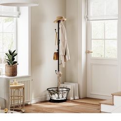 Coat Rack Freestanding, Entryway Coat Hanger Stand with Storage Basket, Hall Tree With 6 Hooks and Mobile Wheel, Standing Coat Rack, Floor Standing Me