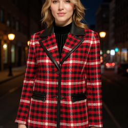 KARL LAGERFELD PARIS Women's Contrast-Trim Plaid Blazer Jacket.