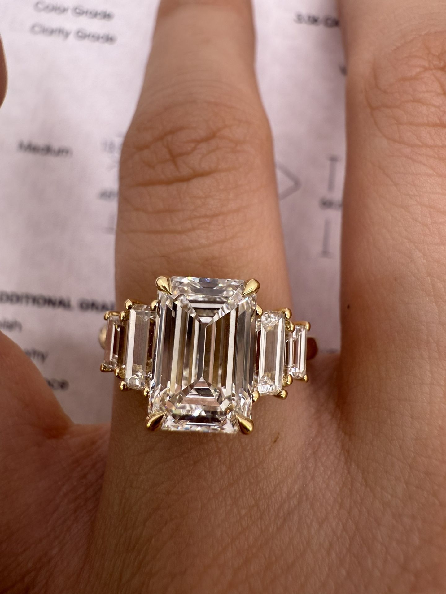 3.06 carat D VS1 emerald cut lab diamond with side baguette diamonds 5 stone Engagement Ring
