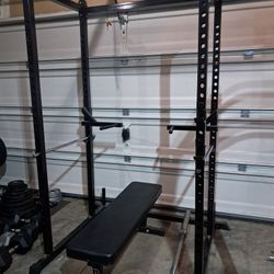 Full Squat Rack With Pull-down, J_Hooks, Safety Bars, Dip Attachments And REP flat Bench 