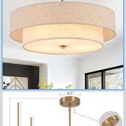 Prayou 17.7" Modern Drum Chandeliers, 3-Light Pendant Light Fixture with E26 Bases, 2-Layer Round Fabric Shade Chandeliers for Dining Room, Bedroom, L