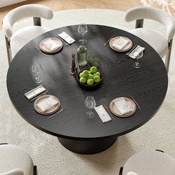 47 inch Round Dining Table for 4, Circle Kitchen Table with Wood Strip Base, Modern Farmhouse Dinner Tables for Kitchen, Living Room (Black)