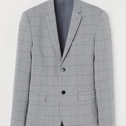H&M Slim Fit  Light Gray Windowpane Checkered Blazer Sport Coat Sz. 46R Ret.$109