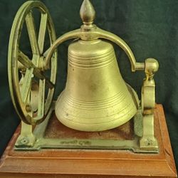 Vintage Solid Brass Bell with Hand Pulley Wheel - Wooden Base

