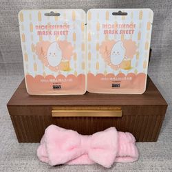 New Rice Water Essence Sheet Face Masks Set of 2 & Pink Plush Spa Bow Headband