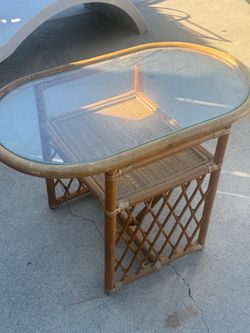 Vintage Rattan Bamboo Glass-Top Side Table / End Table with Magazine Rack