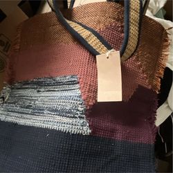 Sessùn Woven Fringe Multicolor Tote Bag Double Handles Blue Navy Accents