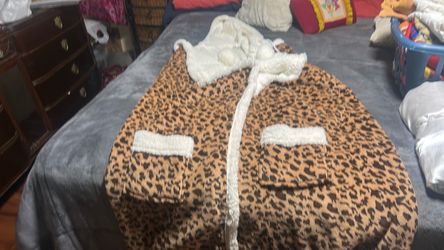 Leopard Print lounging blanket with hood and pockets Faux Fur Trim