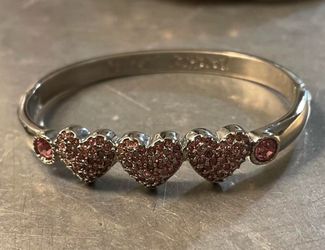 Betsey Johnson Silver Bangle Bracelet with Pink Crystal Hearts