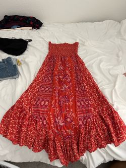 Creation’s Angie Red and Orange Floral Boho Maxi Smocked Dress Strapless