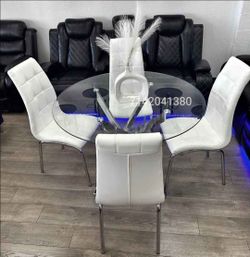 Glass Top dining table set with 4 white leather chairs