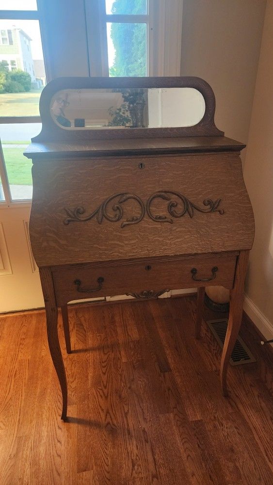 Antique Larkin Co. Victorian Oak Wood Drop Front Secretary Desk Bookshelf Mirror