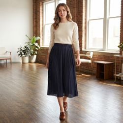 ZARA Basic Collection Black Pleated Midi Chiffon Accordion Skirt Elastic Waist S