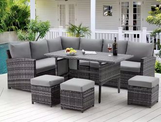 Brand New Gray Patio Sectional Sofa Couch With Dining Table And 3 Ottomans 