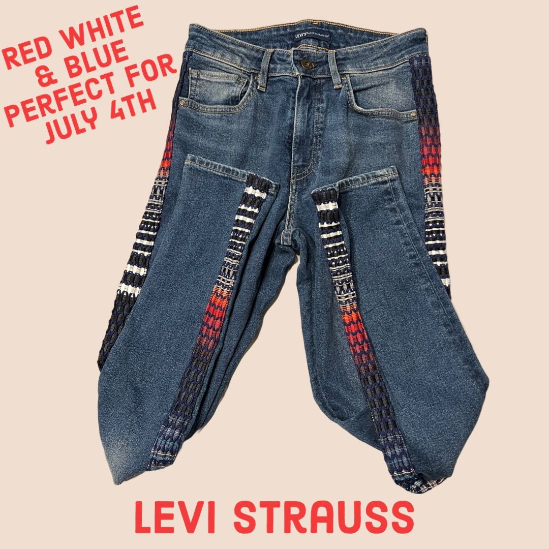 Levi Strauss 721 Embroidered/Woven High Rise Skinny Jean Red White Blue