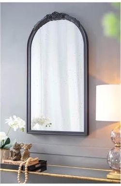 New 23" X 42" Hand Carved Rose Mirror, Black Wood Arch Wall Decor for Living Room Bathroom