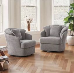 Rowena Oversized Gray Upholstered Fabric Swivel Accent Chair with Double Cushion Swivel Arm Chair