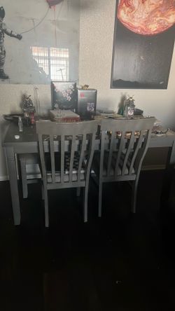 Gray Table, bench and 3 chairs