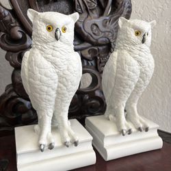2 Vintage 10” Tall White Owl Bookends. Beautiful Bisque China Or Porcelain. Use As Statues Or For Books.  Antique Andrea By Sadek. Pair $45. 