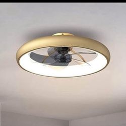 New Ceiling Fan With Lights Dimmable Led Reversible Blades Timing With Remote Control, 5 Invisible Blades Semi Flush Mount (21.5in, gold)  Located Hes