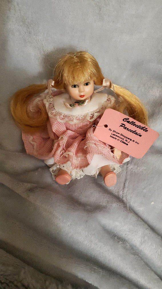 Porcelain doll 6" Pink Gingham Dress
