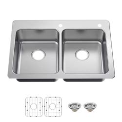 Glacier Bay Bratten 33 in. Drop-In 50/50 Double Bowl 18 Gauge Stainless Steel Kitchen Sink with Accessories