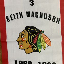 Set Of Two Chicago Blackhawks #3 Keith Magnuson & Pierre Pilote Retirement Banners. 11x17!