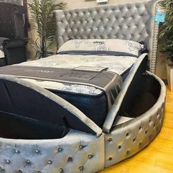 💥Free Delivery 💥FOA Circle Queen Bed Flannelette Upholstered with Storage 👍$172 per Monthly* $50 Down/ GetNowPayLater 