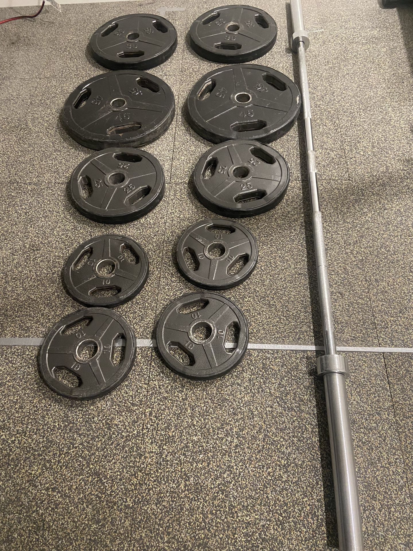 Weight Plates + Olympic barbell 